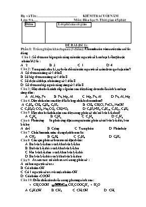 Đề kiểm tra cuối năm môn Hóa học Lớp 9